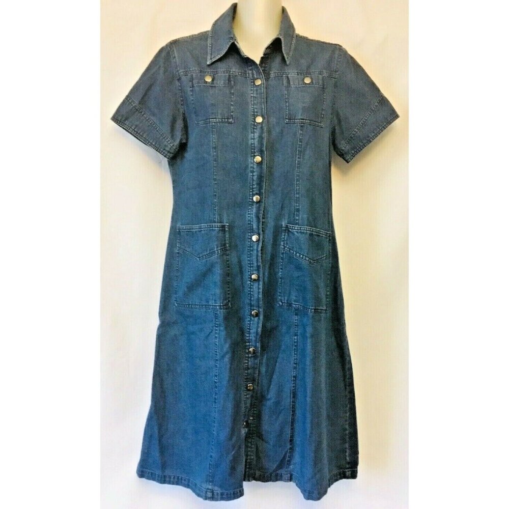 Style Studio Dress Size Small Shirt Snap Button Up Blue Denim Med Wash Pockets